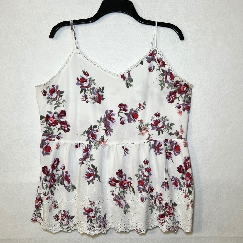 Maurices Floral Eyelet Hem Babydoll Dainty Y2K Top White Red Rose Peplum Cami 0X